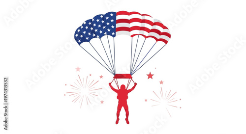 American Flag Parachuter Descending With Fireworks Celebration