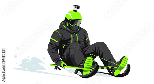 Adventurous Person Riding A Sled With Action Camera Mounted On Helmet