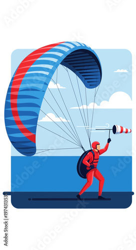 Adventurous Person Prepares For Paragliding Flight Extreme Sports Excitement