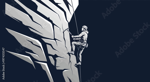 Alpine Ascent Vector Art Featuring Determined Climber Scaling Rocky Terrain