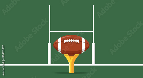 American Football Ball On Tee Ready For Kickoff With Goalposts