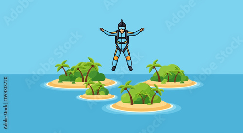 Adventurous Skydiver Descends Towards Tropical Island Archipelago