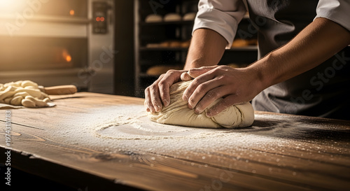 A close up of a baker hands kneading raw dough on a floured surface in a traditional bakery
