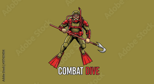 Aggressive Diver Ready For Underwater Combat with Spear