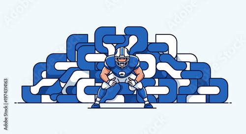 Aggressive Football Player Ready For Action Against Abstract Blue Background