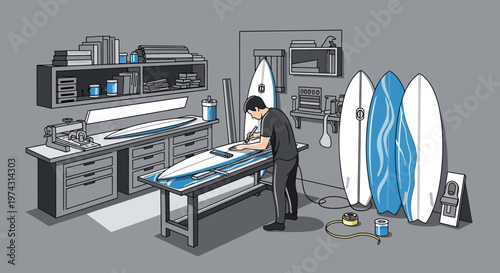 Artisan Crafting Custom Surfboards In A Detailed Workshop Setting