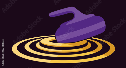 Artistic Curling Stone Glides Across Concentric Ice Circles