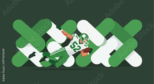 American Football Player Leaping Through Green and White Pattern