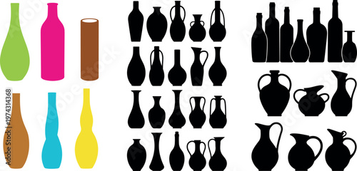 Decorative Vase and Bottle Silhouette Set Featuring Ceramic Pitchers Containers and Colorful Glass Shapes in Modern Vector Illustration Collection