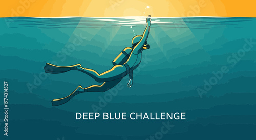 Ascending Diver Reaches For Light In The Deep Blue Ocean Challenge