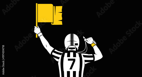 American Football Referee Signals Penalty with Yellow Flag And Whistle