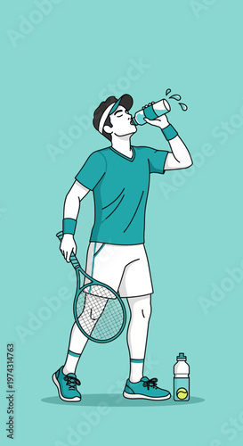 Athlete Hydrating After Intense Tennis Match Refreshment Break