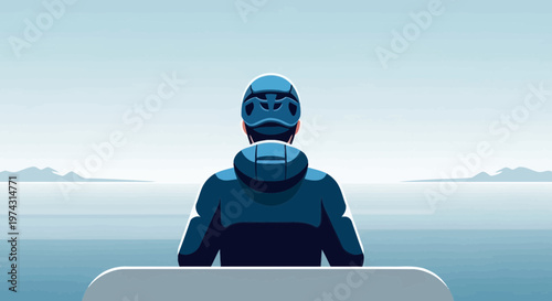 Athlete In Protective Gear Gazes Out At Distant Snowy Peaks Minimalist Style