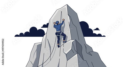 Ascending The Summit With Determination And A Secure Rope On A Rocky Peak
