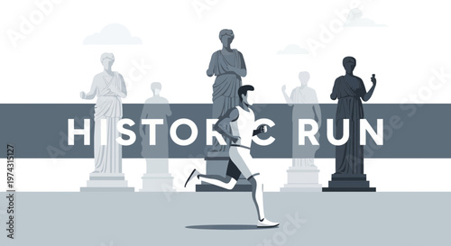 Athlete Racing Past Ancient Sculptures Promoting Active Lifestyle