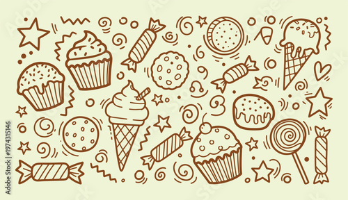 Hand drawn sweet treats doodle set with cupcakes ice cream cookies and candy in minimalist brown vector line art style