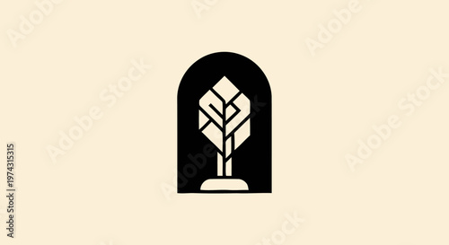 Elegant Black and White Geometric Tree Design on Beige Background.