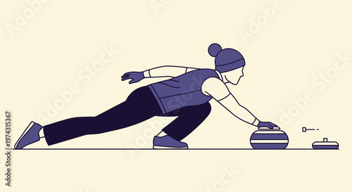 Athlete Slides Curling Stone Across Ice In Minimalist Style