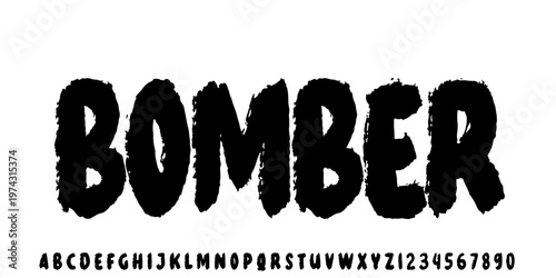 Bomber rough vector font. Rough alphabet for horror movie, music, and fashion.