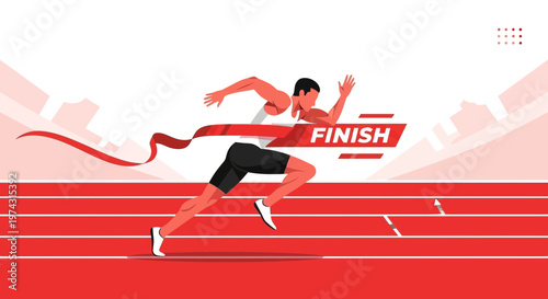 Athlete Breaks Through Finish Line Ribbon In A Dynamic And Energizing Victory Pose