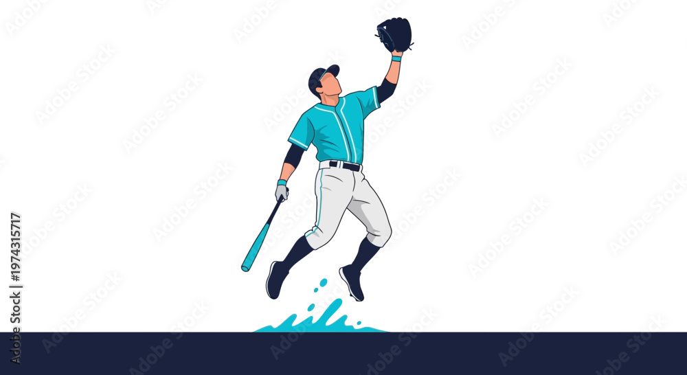 Fototapeta premium Athletic Baseball Player Leaping to Catch Ball Dynamic Action Illustration
