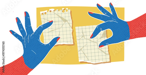 Pop art blue hands tearing grid paper retro vector illustration