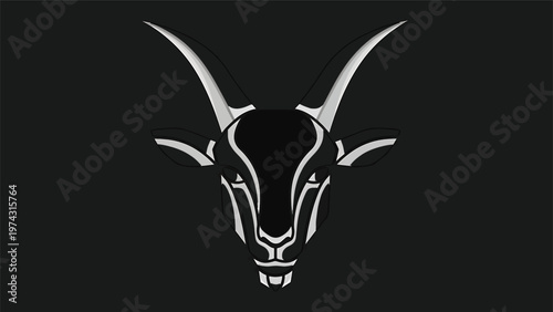 Elegant Black and White Goat Head Silhouette on Dark Background.