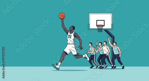 Athletic Basketball Player Soars for a Dunk With Opposing Players Close Behind