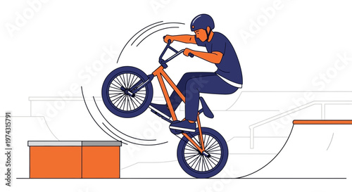 Athletic Bmx Rider Executes Wheelie Jump On Bike Ramp Park Action