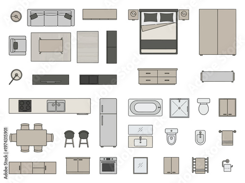 Modern minimalist top-view symbols for interior design planning, featuring essential home furnishings, fixtures, and room layouts.
