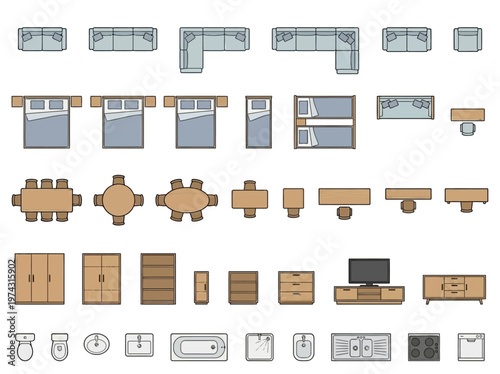 Architectural floor plan symbols: vector collection of top-down home furniture and residential fixtures for interior design.