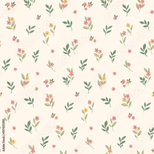 Seamless floral pattern, liberty ditsy print in a delicate baby motif. Cute botanical design of small hand drawn flowers, tiny green leaves, simple mini plants on light background. Vector illustration