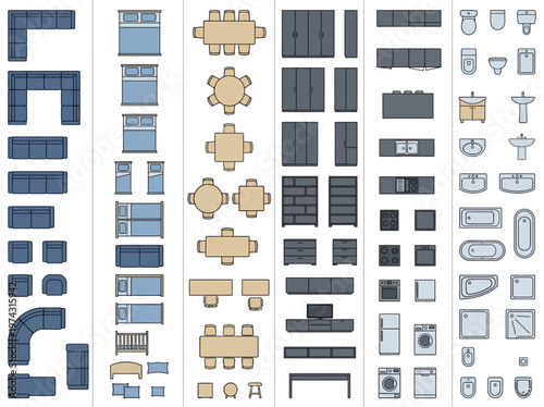 Complete collection of architectural floor plan symbols for modern home furniture, kitchen appliances, and bathroom fixtures design.