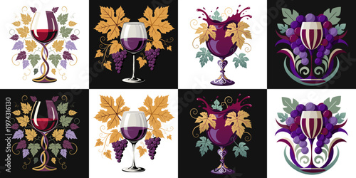 Collection of vector designs wine glass and grape clusters and leaves isolated on contrast background, For wine parties, testing, festivals and other related events, invitations and wineries