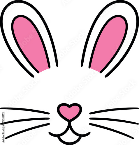 Cute cartoon rabbit face with pink heart nose and ears