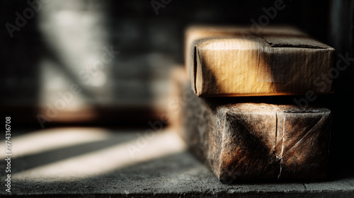 E-commerce and online shopping scenes with no people. These images show packages, devices, and delivery-related objects in various settings — from homes to warehouses