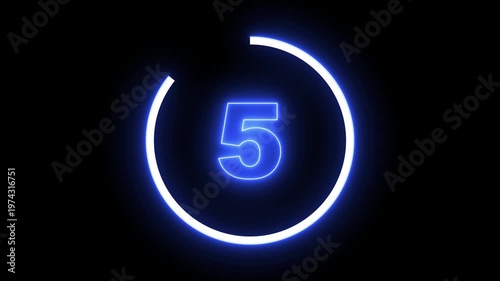 Neon Circle countdown timer animation from 35 to 0 second animation on black background with alpha channel, 35 seconds countdown timer. Neon bright glowing countdown timer from 35 to 0 seconds.