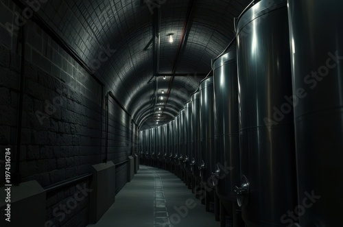 Tall polished tanks for winemaking line the length of the damp tunnel, illuminated faintly by pale cold light diffused across stone and steel. Generative AI