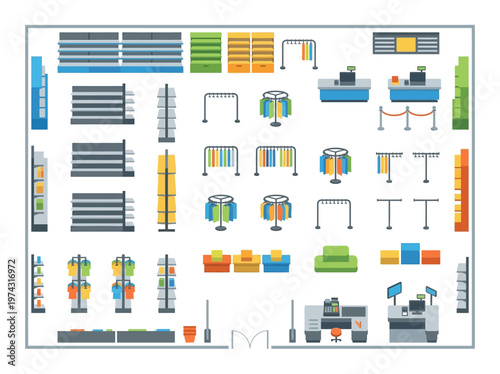 Flat Vector Illustration of Retail Store Layout Elements. Top View Plan with Shop Furniture and Display Symbols Set for Commercial Interior Design.