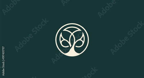 Elegant Minimalist Tree Logo Design on Dark Green Background.
