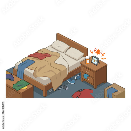 A messy bedroom with a bed, nightstand, and cluttered floor with clothes and toys scattered around.