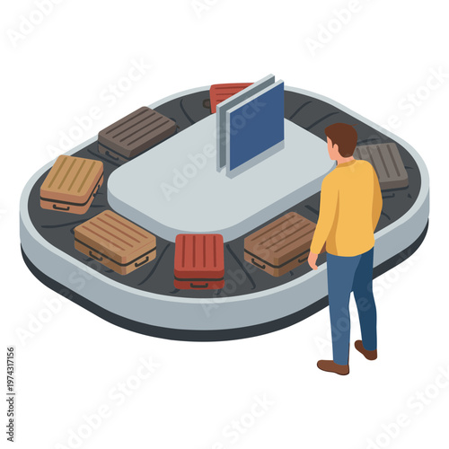 Man views a laptop on a large rotating platform with multiple pallets around it.
