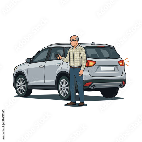 An older man stands next to a silver SUV and gestures towards it.