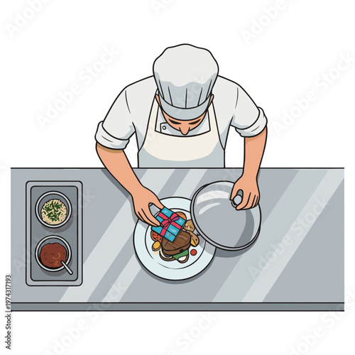 A chef prepares food on a kitchen counter with utensils and plates nearby.