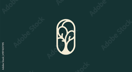 Elegant Minimalist Tree Logo Design on Dark Green Background.