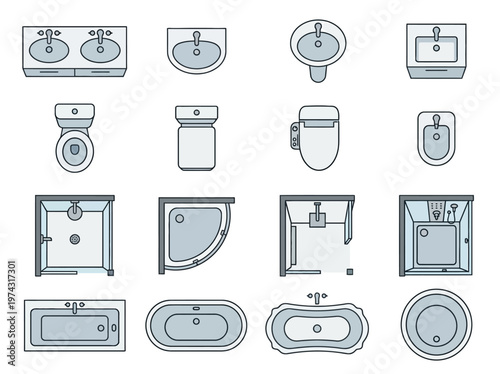 A collection of top-view vector symbols for diverse bathroom fixtures, including sinks, toilets, showers, and bathtubs.