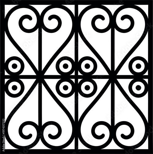 Intricate wrought iron design featuring geometric and scroll patterns.