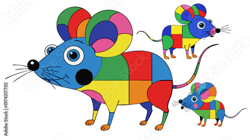 Colorful geometric patchwork mouse vector illustration, cute cartoon rodent character set, vibrant multicolored mosaic animal design for kids