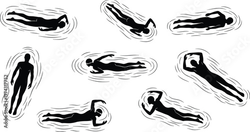 Swimming silhouettes set showing different strokes, sport activity concept, swimmer training movement illustration isolated on white background for fitness design