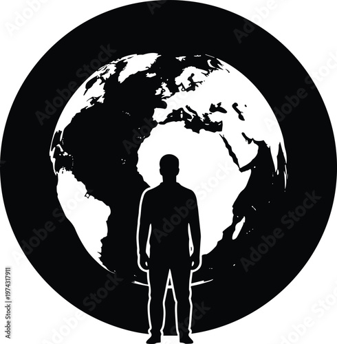 Human silhouette standing before globe, global perspective concept, world map earth connection travel humanity illustration isolated on white background design